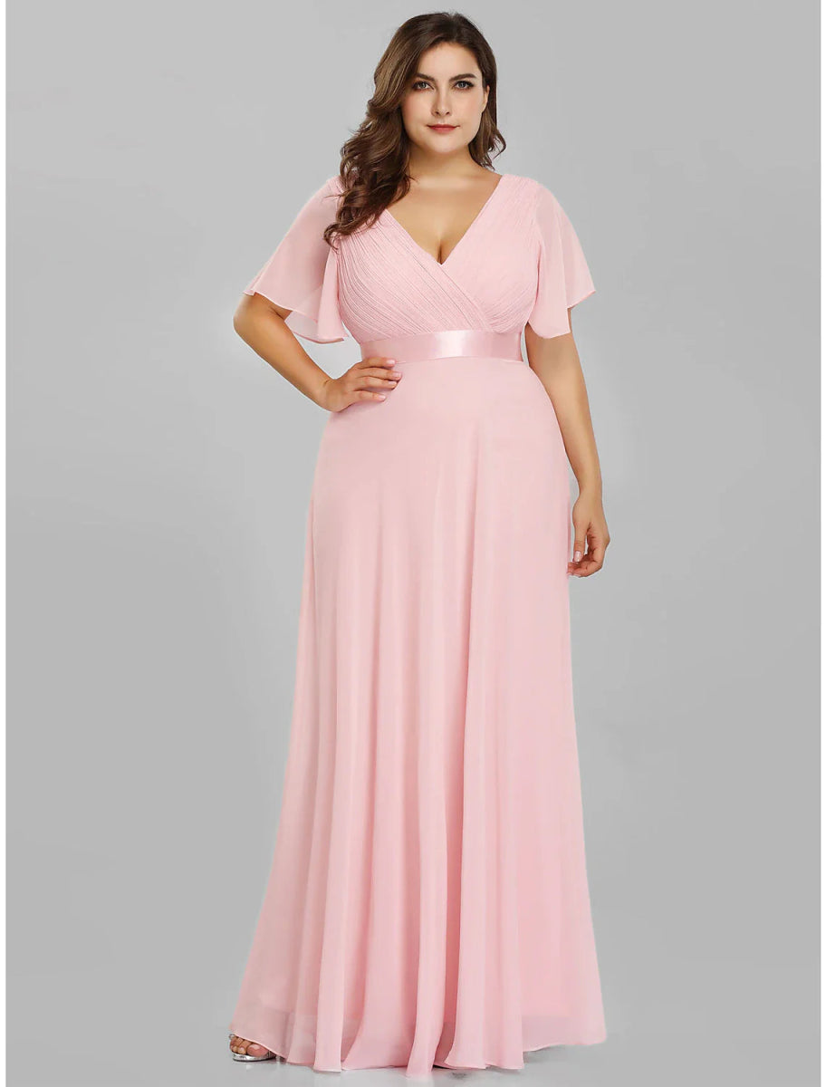 NumberSea - A - Line Empire Fall Wedding Guest Dress For Bridesmaid Plus Size Formal Evening Dress V Neck Short Sleeve Floor Length Chiffon with Pleats Ruched