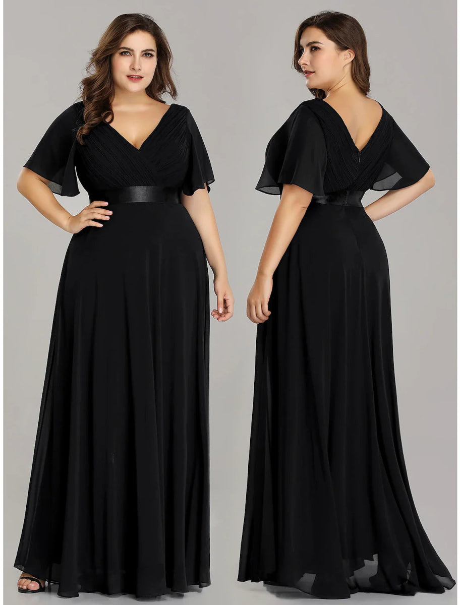 NumberSea - A - Line Empire Fall Wedding Guest Dress For Bridesmaid Plus Size Formal Evening Dress V Neck Short Sleeve Floor Length Chiffon with Pleats Ruched