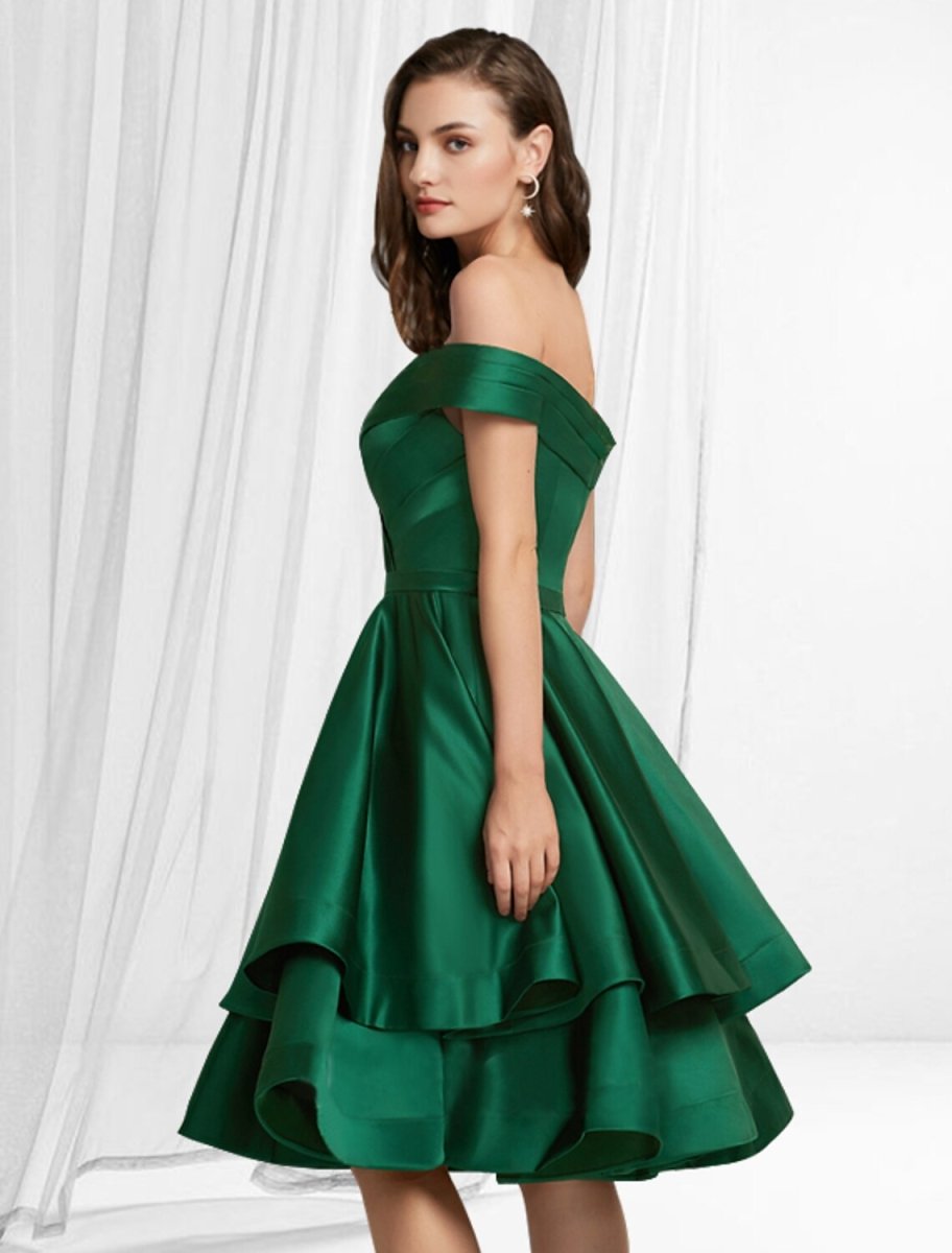 NumberSea - A - Line Empire Minimalist Party Wear Cocktail Party Dress Off Shoulder Sleeveless Knee Length Satin with Tier