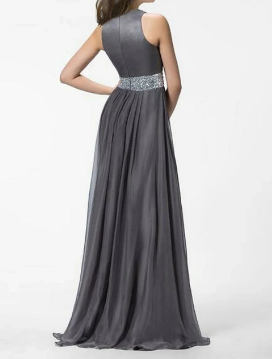 NumberSea - A - Line Empire Prom Formal Evening Dress Jewel Neck Sleeveless Sweep / Brush Train Chiffon with Crystals Split Front