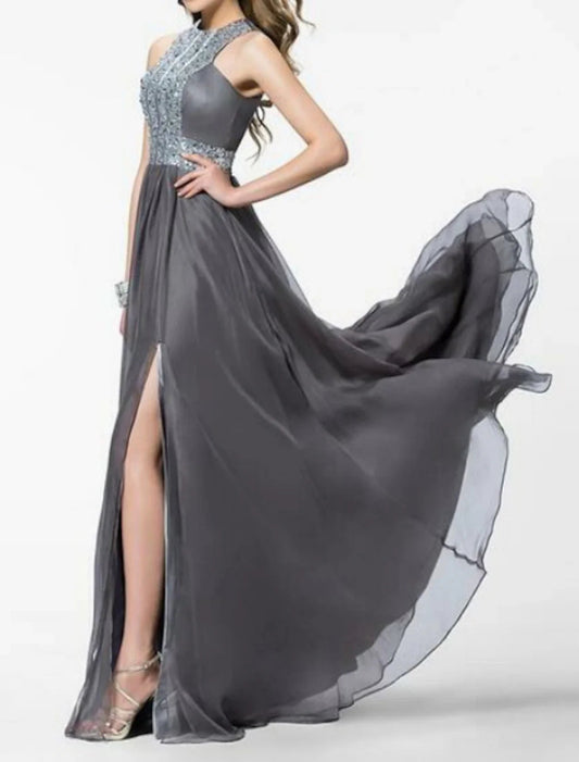 NumberSea - A - Line Empire Prom Formal Evening Dress Jewel Neck Sleeveless Sweep / Brush Train Chiffon with Crystals Split Front