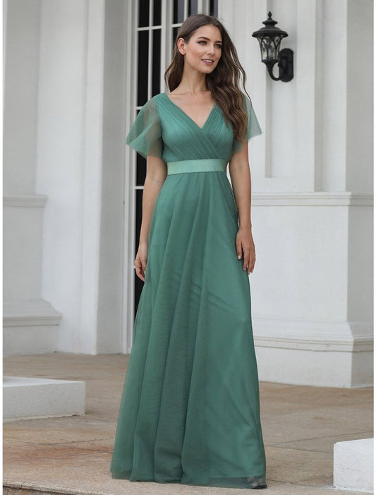 NumberSea - A - Line Empire Wedding Guest Prom Dress V Neck V Back Short Sleeve Floor Length Chiffon with Pleats Ruched