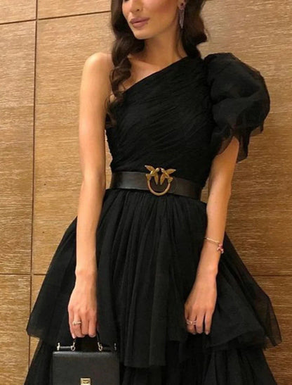 NumberSea - A - Line Evening Dress Black Dress Plus Size Tiered Plisse Dress Masquerade Prom Floor Length Sleeveless One Shoulder Gothic Tulle with Slit