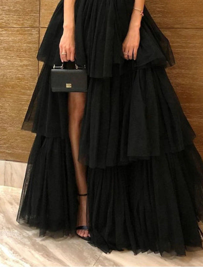 NumberSea - A - Line Evening Dress Black Dress Plus Size Tiered Plisse Dress Masquerade Prom Floor Length Sleeveless One Shoulder Gothic Tulle with Slit