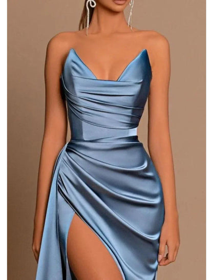 NumberSea - A - Line Evening Dress Blue Wedding Guest Dress Cocktail Party Dress Satin Sweep / Brush Train Sleeveless V Neck Bridesmaid Dress Backless with Pleats Ruched Slit