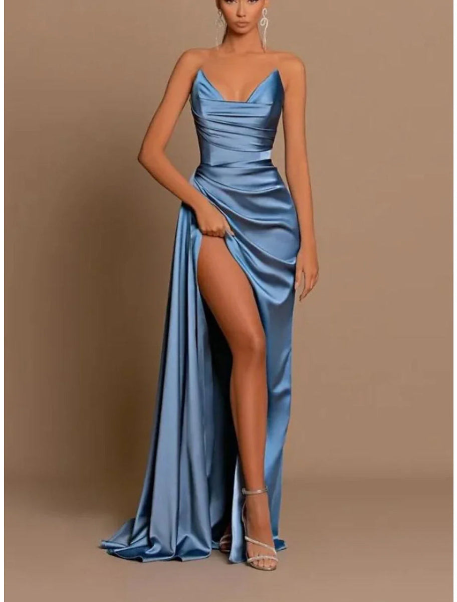 NumberSea - A - Line Evening Dress Blue Wedding Guest Dress Cocktail Party Dress Satin Sweep / Brush Train Sleeveless V Neck Bridesmaid Dress Backless with Pleats Ruched Slit