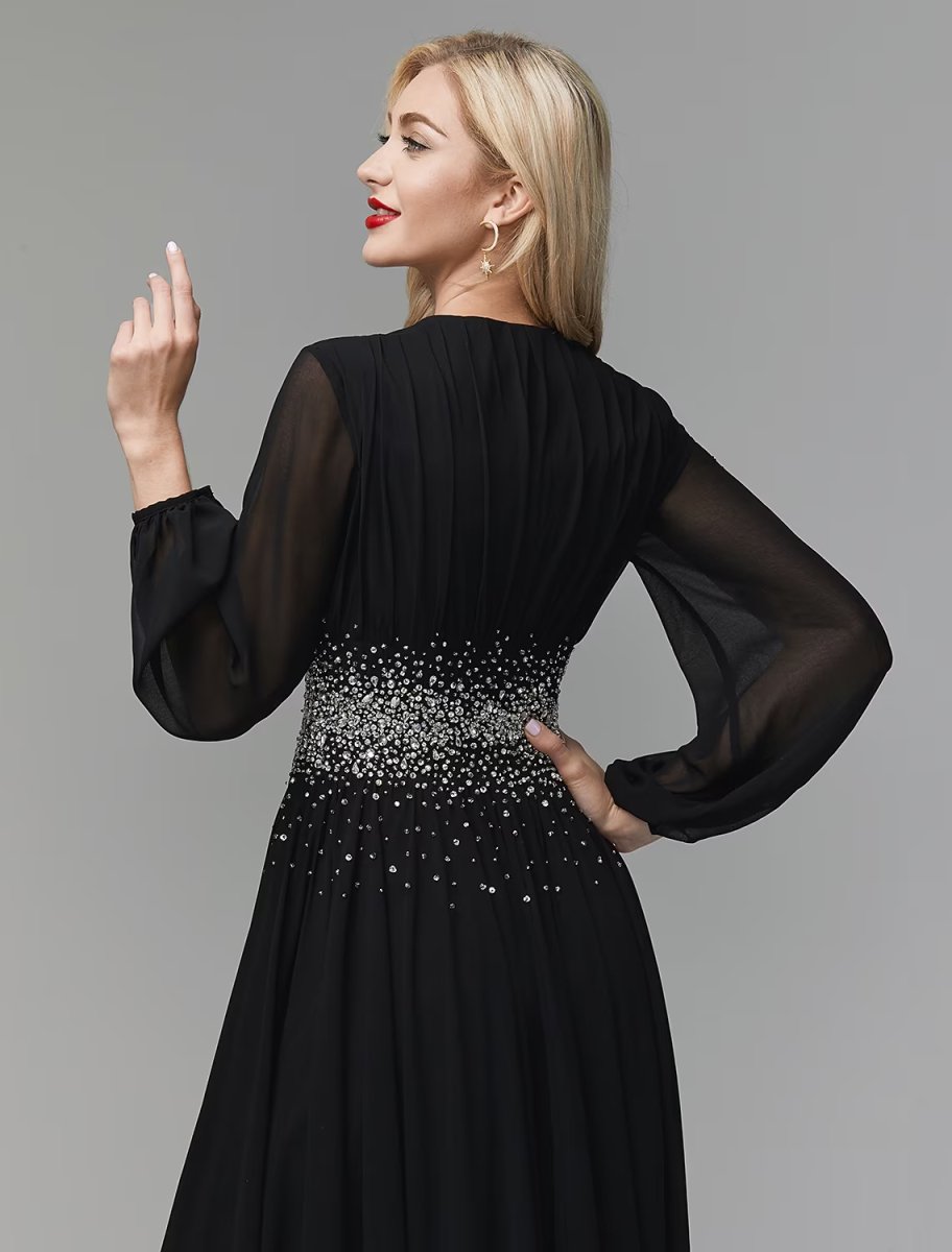 NumberSea - A - Line Evening Dress Celebrity Red Carpet Formal Gown Black Tie Wedding Guest Floor Length Long Sleeve V Neck Chiffon with Sequin