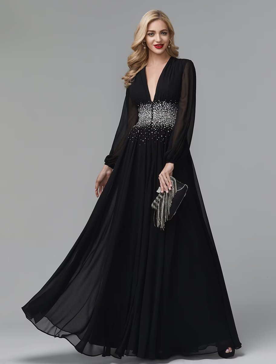 NumberSea - A - Line Evening Dress Celebrity Red Carpet Formal Gown Black Tie Wedding Guest Floor Length Long Sleeve V Neck Chiffon with Sequin