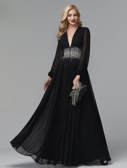 NumberSea - A - Line Evening Dress Celebrity Red Carpet Formal Gown Black Tie Wedding Guest Floor Length Long Sleeve V Neck Chiffon with Sequin