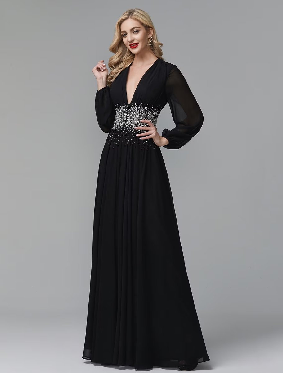 NumberSea - A - Line Evening Dress Celebrity Red Carpet Formal Gown Black Tie Wedding Guest Floor Length Long Sleeve V Neck Chiffon with Sequin