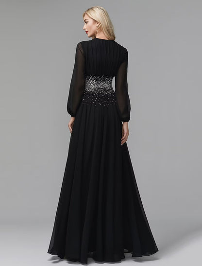 NumberSea - A - Line Evening Dress Celebrity Red Carpet Formal Gown Black Tie Wedding Guest Floor Length Long Sleeve V Neck Chiffon with Sequin