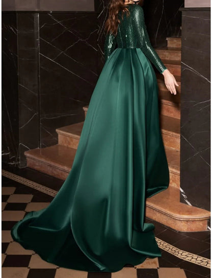 NumberSea - A - Line Evening Dresses Formal Glittering Dress Wedding Guest Court Train Long Sleeve V Neck Satin with Pleats Sequin