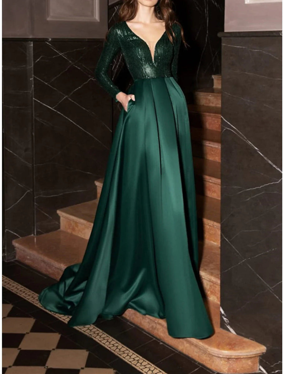 NumberSea - A - Line Evening Dresses Formal Glittering Dress Wedding Guest Court Train Long Sleeve V Neck Satin with Pleats Sequin