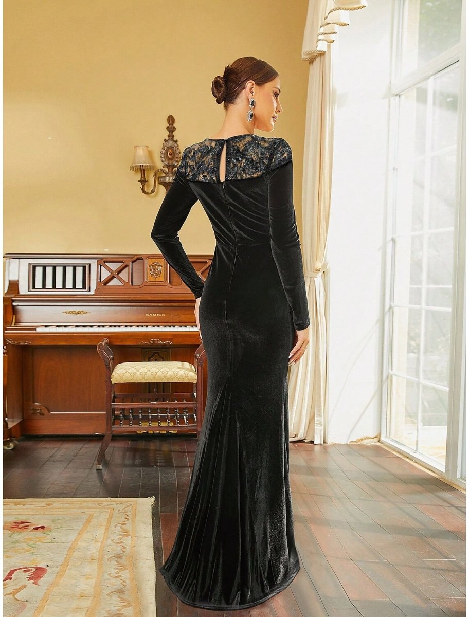 NumberSea - A - Line Evening Gown Black Dress Elegant Dress Formal Fall Sweep / Brush Train Long Sleeve Jewel Neck Velvet with Sequin Slit