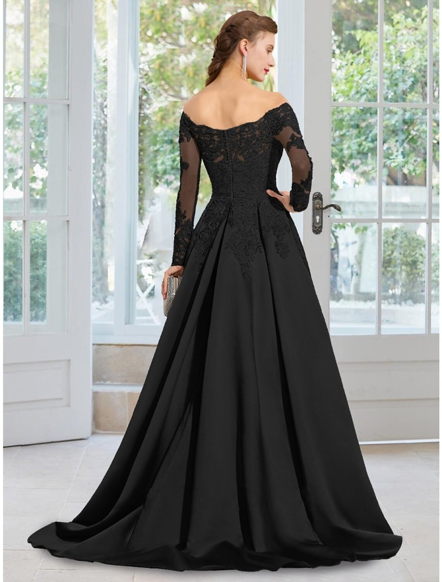 NumberSea - A - Line Evening Gown Black Dress Formal Court Train Long Sleeve Off Shoulder Lace with Appliques