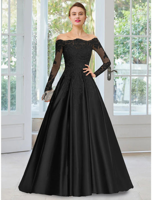 NumberSea - A - Line Evening Gown Black Dress Formal Court Train Long Sleeve Off Shoulder Lace with Appliques