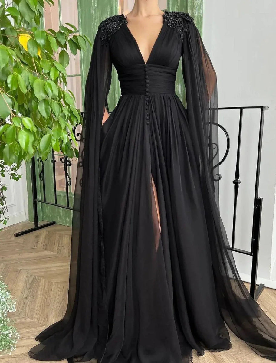 NumberSea - A - Line Evening Gown Black Dress Formal Masquerade Court Train Long Sleeve V Neck Wednesday Addams Family Chiffon with Buttons Slit Appliques