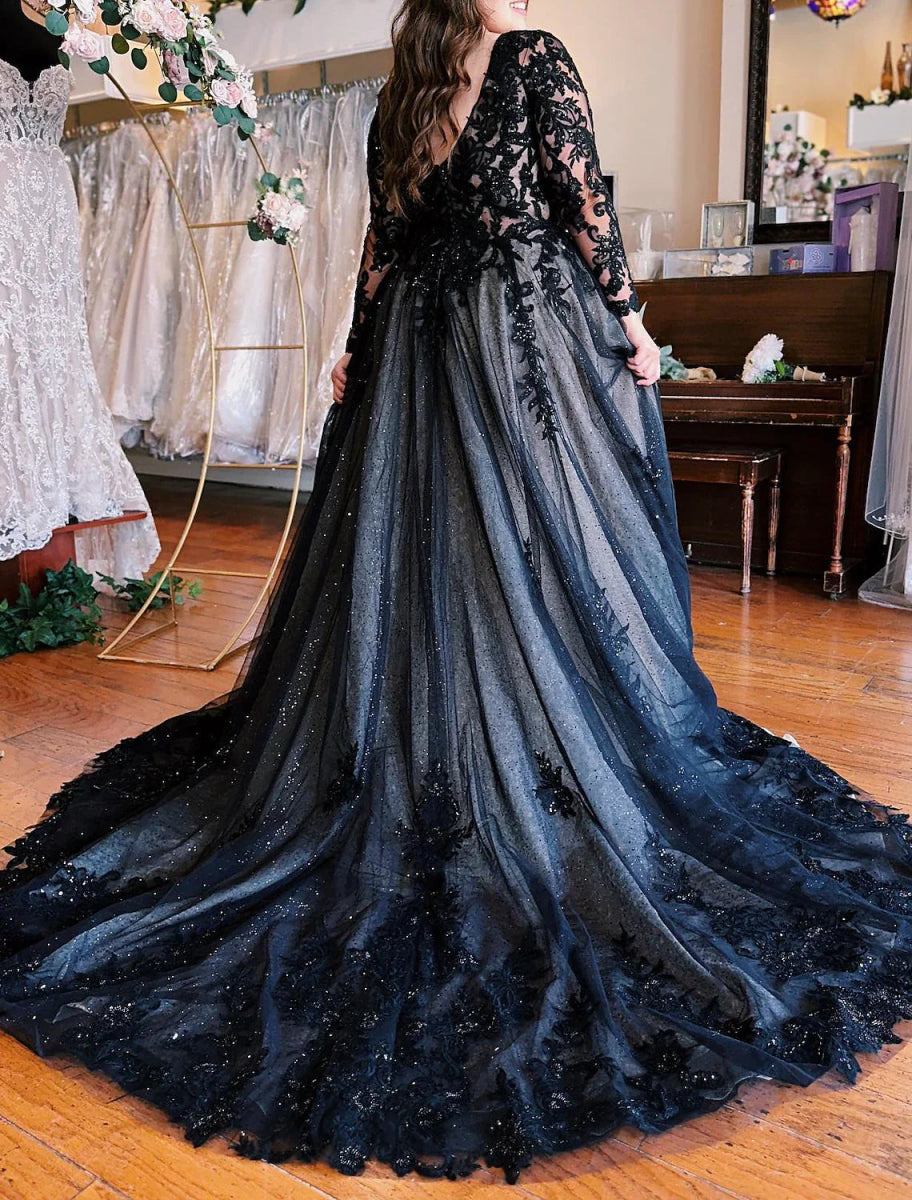 NumberSea - A - Line Evening Gown Black Dress Formal Wedding Court Train Sleeveless V Neck Fall Wedding Reception Tulle with Slit Appliques