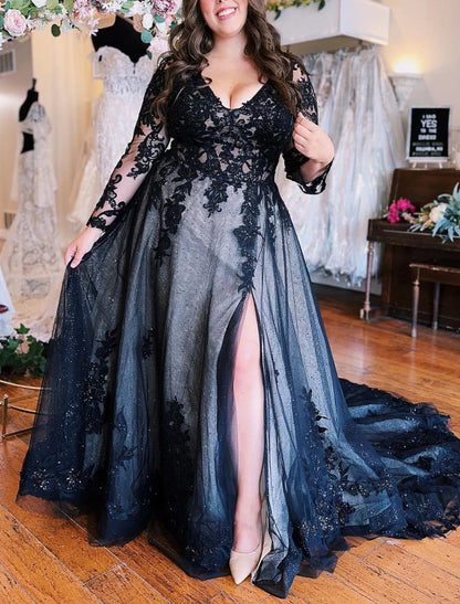 NumberSea - A - Line Evening Gown Black Dress Formal Wedding Court Train Sleeveless V Neck Fall Wedding Reception Tulle with Slit Appliques