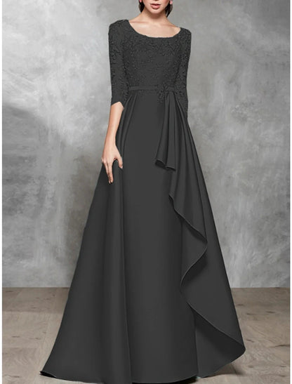 NumberSea - A - Line Evening Gown Black Dress Plus Size Elegant Dress Formal Wedding Floor Length Half Sleeve Scoop Neck Satin with Pleats