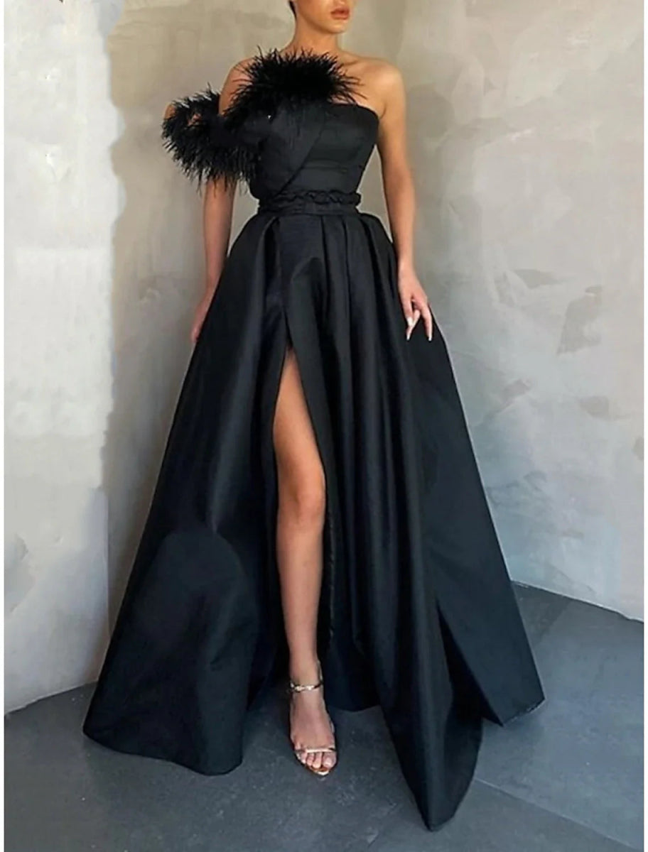 NumberSea - A - Line Evening Gown Black Dress Plus Size Formal High Split Floor Length Sleeveless One Shoulder Satin with Feather Slit