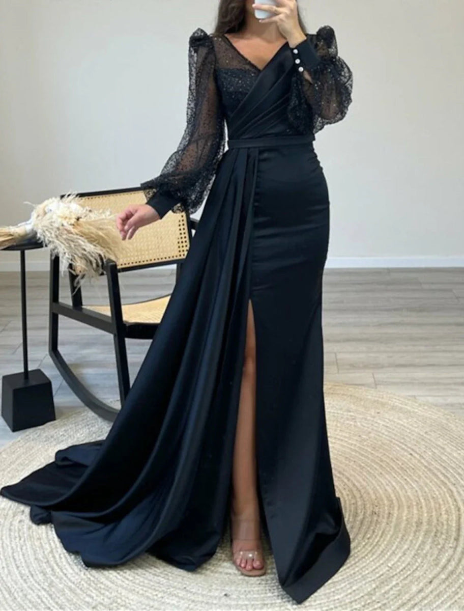 NumberSea - A - Line Evening Gown Black Dress Plus Size Sparkle & Shine Dress Formal Cocktail Party Court Train Long Sleeve V Neck Belt / Sash Charmeuse with Ruched Sequin Slit