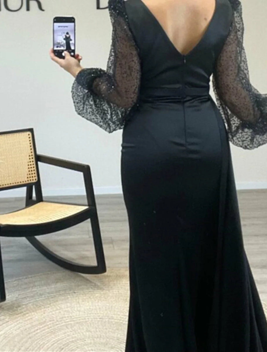 NumberSea - A - Line Evening Gown Black Dress Plus Size Sparkle & Shine Dress Formal Cocktail Party Court Train Long Sleeve V Neck Belt / Sash Charmeuse with Ruched Sequin Slit