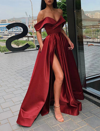 NumberSea - A - Line Evening Gown Celebrity Dress Christmas Red Green Dress Prom Floor Length Short Sleeve V Neck Fall Wedding Guest Satin with Slit