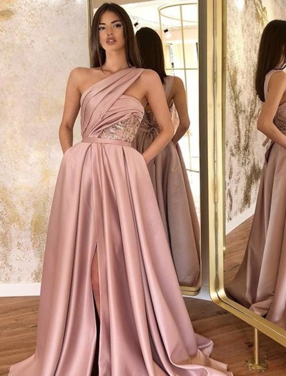 NumberSea - A - Line Evening Gown Celebrity Style Dress Formal Floor Length Sleeveless One Shoulder Satin with Ruched Slit