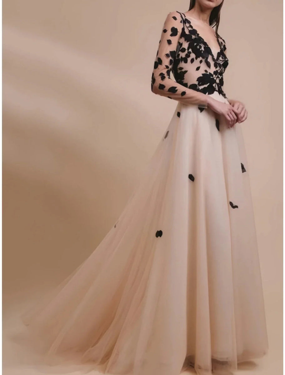 NumberSea - A - Line Evening Gown Champagne Gold Elegant Dress Formal Wedding Guest Sweep / Brush Train Long Sleeve V Neck Tulle with Embroidery