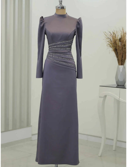 NumberSea - A - Line Evening Gown Christmas Elegant Dress Formal Ankle Length Long Sleeve High Neck Satin with Glitter Ruched