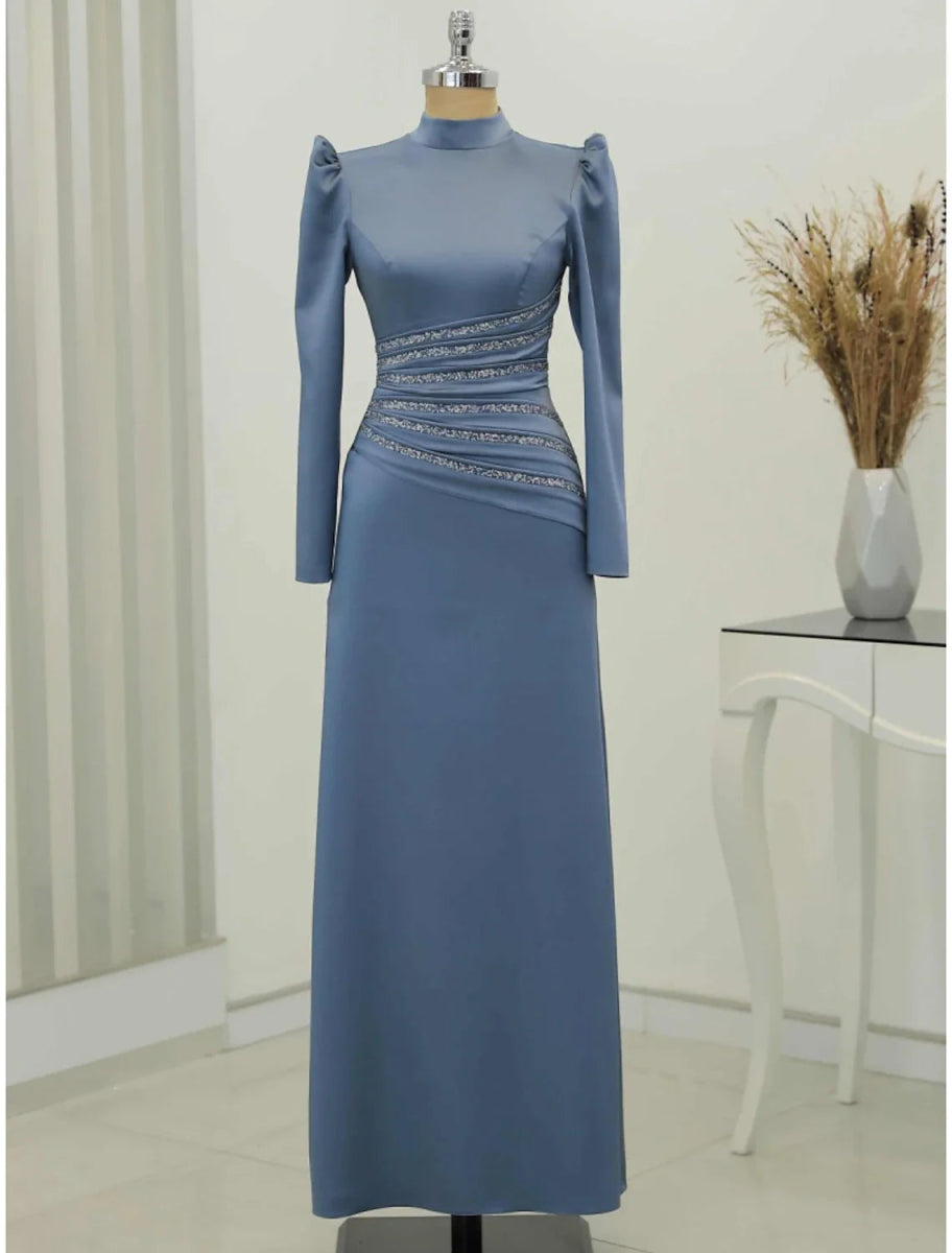 NumberSea - A - Line Evening Gown Christmas Elegant Dress Formal Ankle Length Long Sleeve High Neck Satin with Glitter Ruched