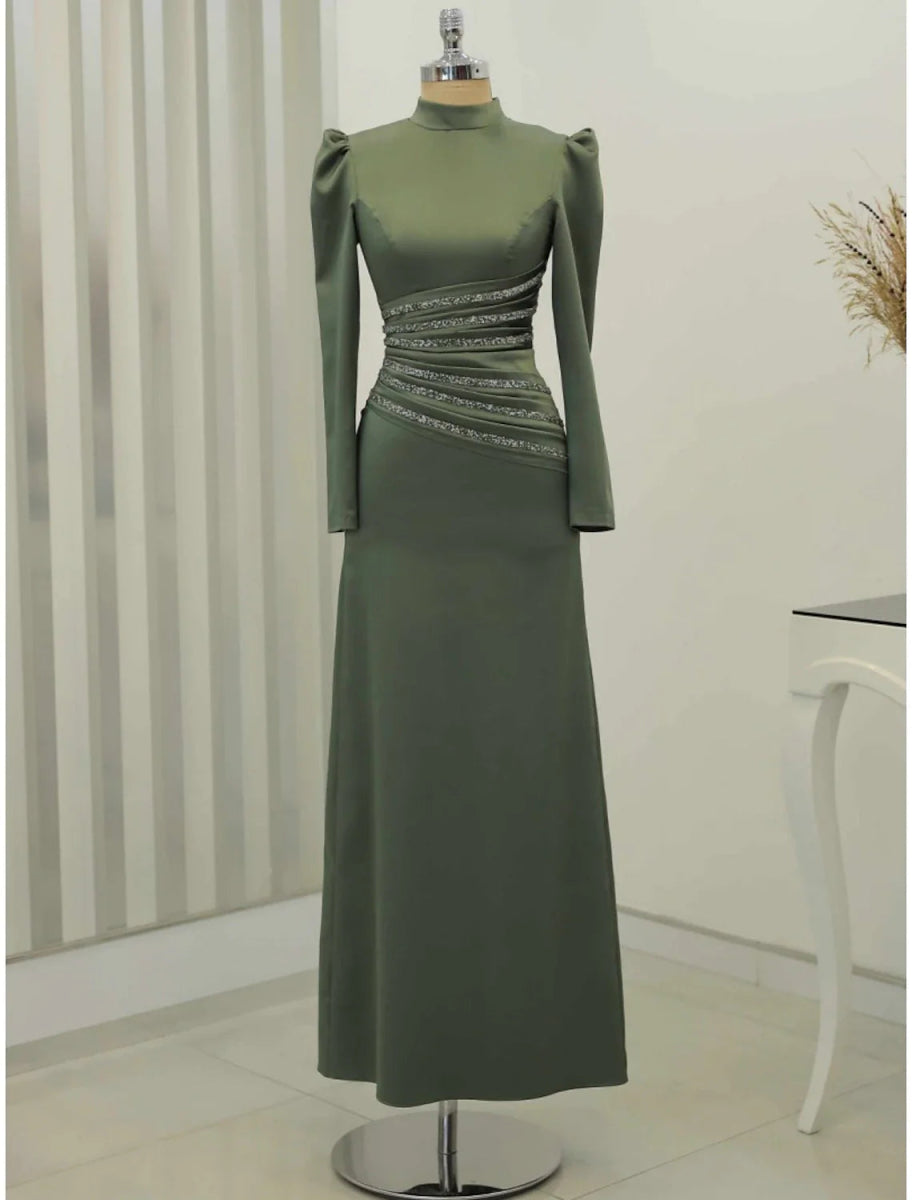 NumberSea - A - Line Evening Gown Christmas Elegant Dress Formal Ankle Length Long Sleeve High Neck Satin with Glitter Ruched