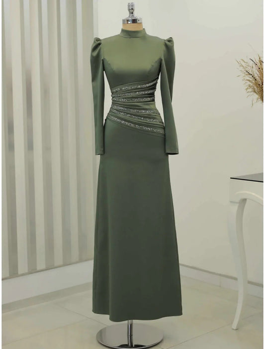 NumberSea - A - Line Evening Gown Christmas Elegant Dress Formal Ankle Length Long Sleeve High Neck Satin with Glitter Ruched