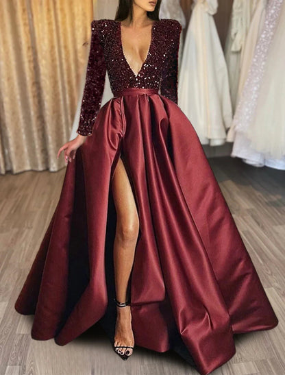 NumberSea - A - Line Evening Gown Christmas Red Green Dress Formal Black Dress Plus Size Wedding Court Train Half Sleeve V Neck Satin with Sequin Slit