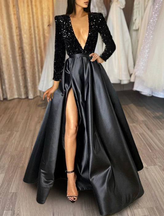 NumberSea - A - Line Evening Gown Christmas Red Green Dress Formal Black Dress Plus Size Wedding Court Train Half Sleeve V Neck Satin with Sequin Slit