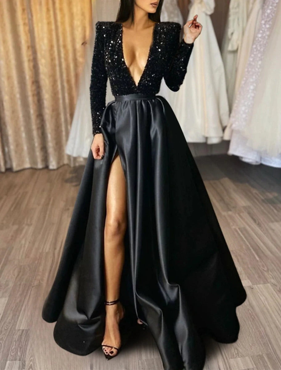 NumberSea - A - Line Evening Gown Christmas Red Green Dress Formal Black Dress Plus Size Wedding Court Train Half Sleeve V Neck Satin with Sequin Slit