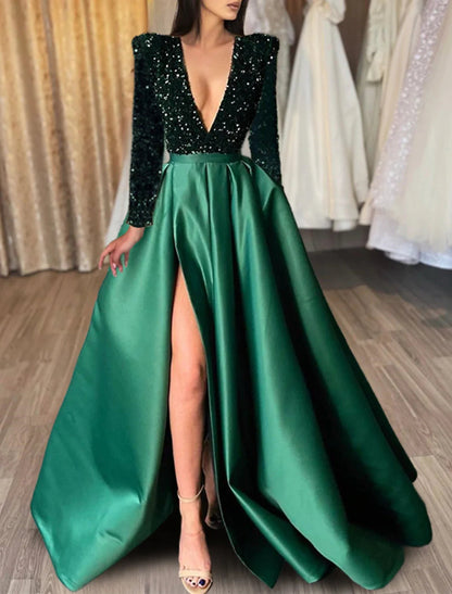 NumberSea - A - Line Evening Gown Christmas Red Green Dress Formal Black Dress Plus Size Wedding Court Train Half Sleeve V Neck Satin with Sequin Slit