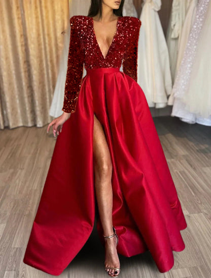 NumberSea - A - Line Evening Gown Christmas Red Green Dress Formal Black Dress Plus Size Wedding Court Train Half Sleeve V Neck Satin with Sequin Slit