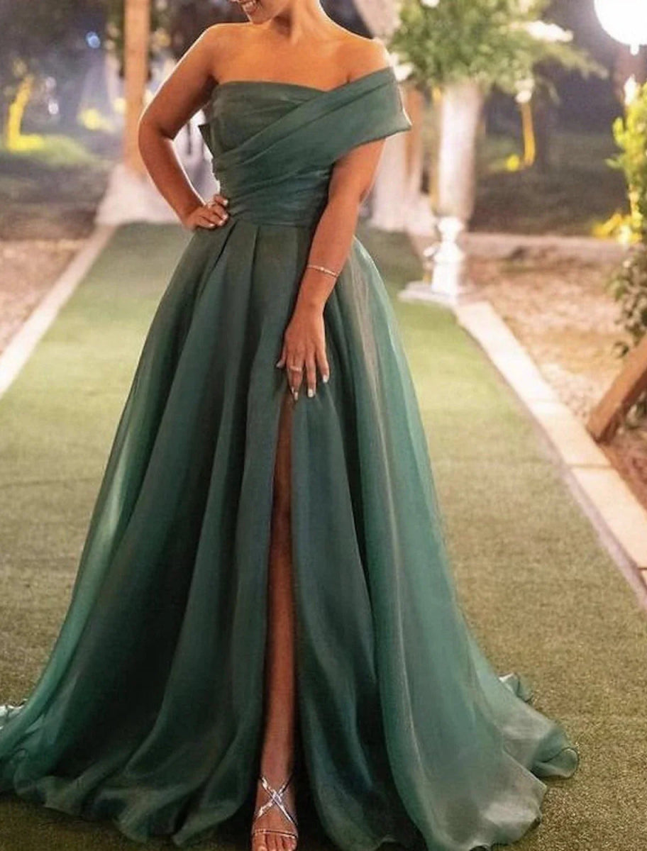 NumberSea - A - Line Evening Gown Christmas Red Green Dress Wedding Guest Prom Sweep / Brush Train Short Sleeve One Shoulder Organza with Ruched Slit