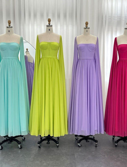 NumberSea - A - Line Evening Gown Elegant Cape Green Dress Formal Fall Floor Length Long Sleeve Square Neck Chiffon with Pleats