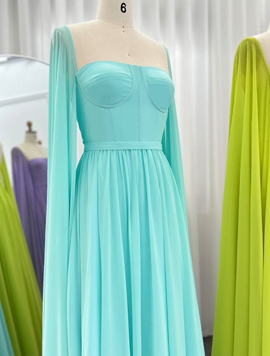 NumberSea - A - Line Evening Gown Elegant Cape Green Dress Formal Fall Floor Length Long Sleeve Square Neck Chiffon with Pleats