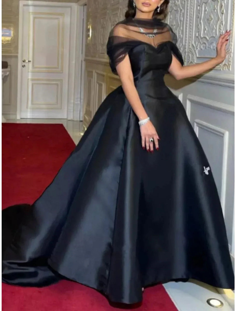 NumberSea - A - Line Evening Gown Elegant Dress Black Dress Formal Court Train Short Sleeve Illusion Neck Satin with Pleats