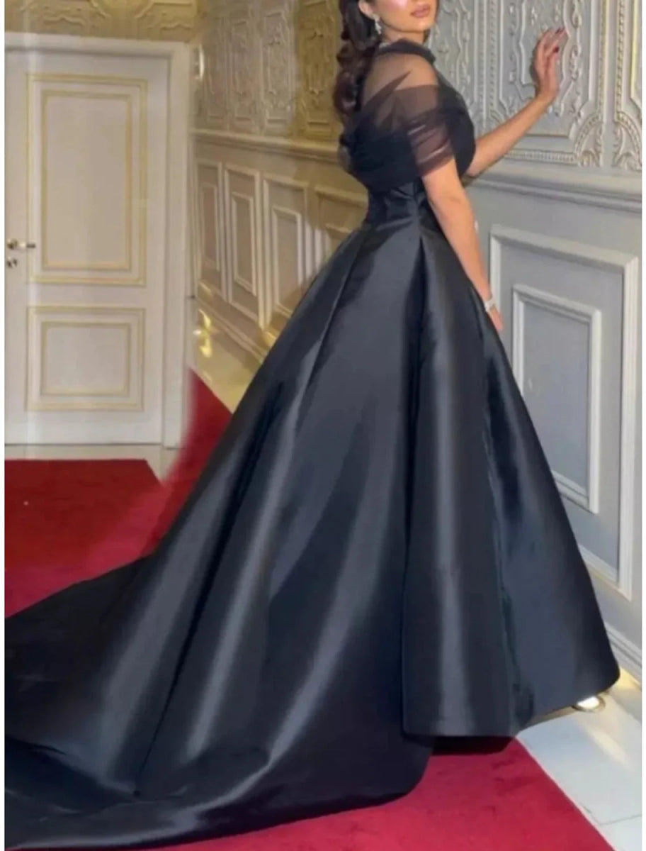 NumberSea - A - Line Evening Gown Elegant Dress Black Dress Formal Court Train Short Sleeve Illusion Neck Satin with Pleats