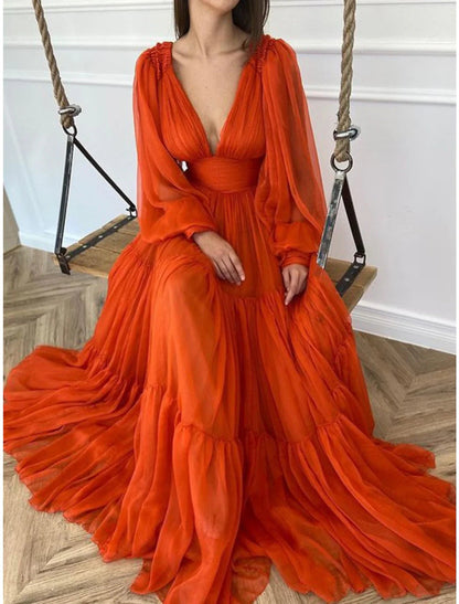 NumberSea - A - Line Evening Gown Elegant Dress Christmas Red Green Dress Formal Wedding Guest Floor Length Long Sleeve V Neck Chiffon with Ruched