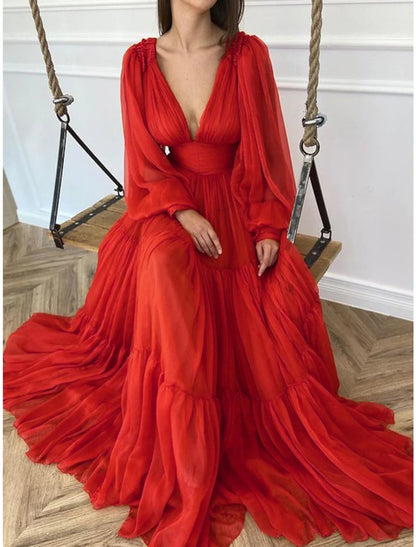 NumberSea - A - Line Evening Gown Elegant Dress Christmas Red Green Dress Formal Wedding Guest Floor Length Long Sleeve V Neck Chiffon with Ruched