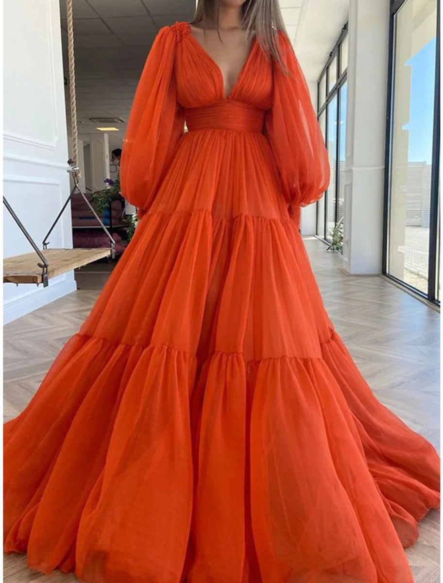 NumberSea - A - Line Evening Gown Elegant Dress Christmas Red Green Dress Formal Wedding Guest Floor Length Long Sleeve V Neck Chiffon with Ruched