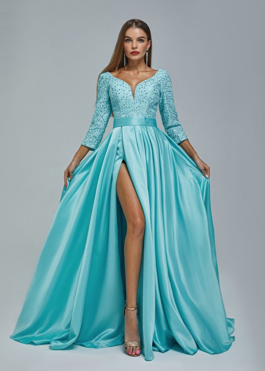 NumberSea - A - Line Evening Gown Elegant Dress Engagement Court Train 3/4 Length Sleeve V Neck Sequined with Sequin