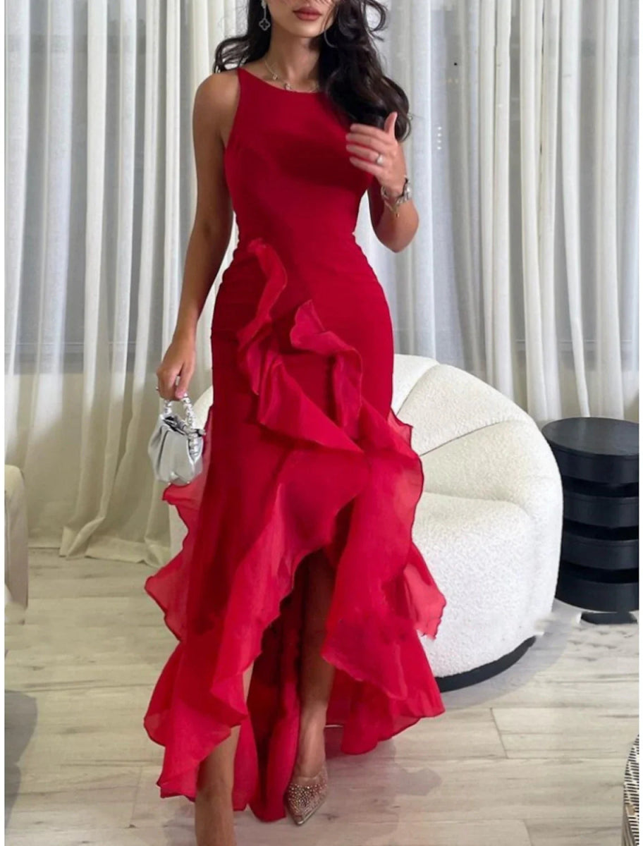 NumberSea - A - Line Evening Gown Elegant Dress Formal Ankle Length Christmas Red Green Dress Sleeveless Scoop Neck Stretch Chiffon with Ruffles Slit