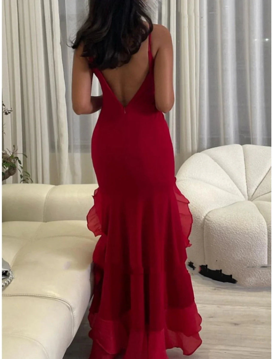 NumberSea - A - Line Evening Gown Elegant Dress Formal Ankle Length Christmas Red Green Dress Sleeveless Scoop Neck Stretch Chiffon with Ruffles Slit